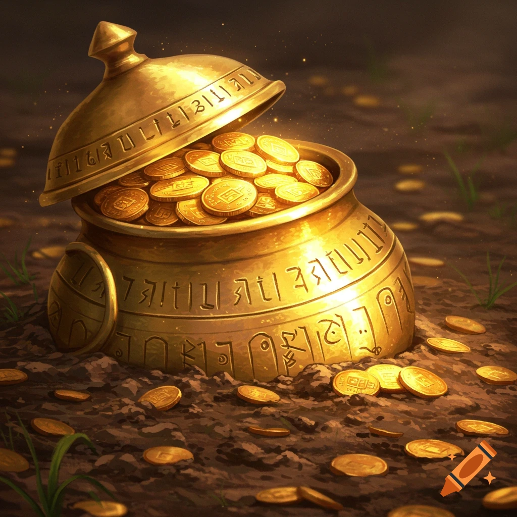 An ornate golden pot overflowing with gold coins, partially buried in soil.