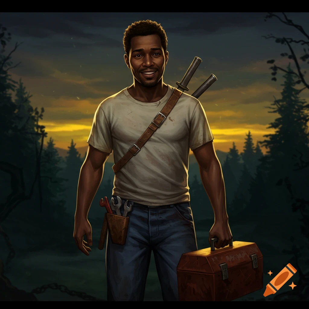 Smiling Black man with a toolbox and tools in a forest at dusk.