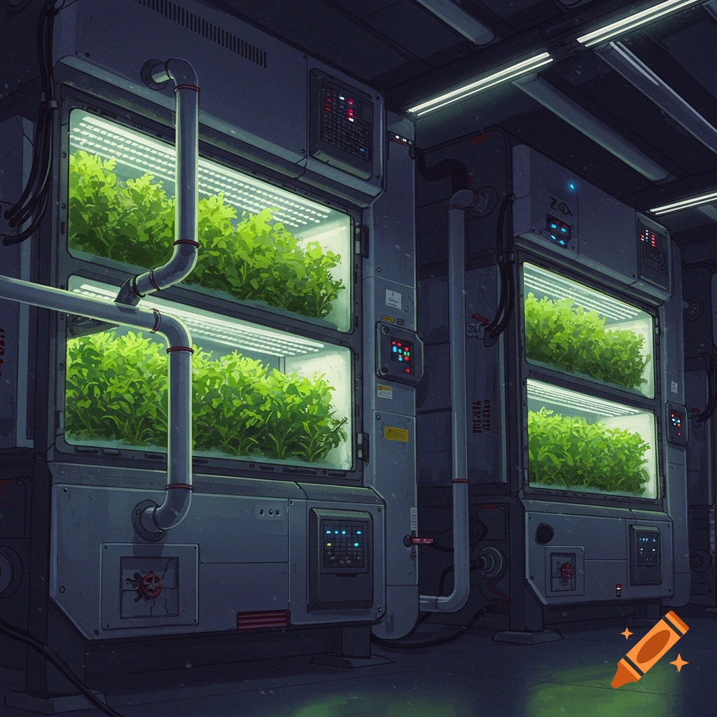 Futuristic hydroponic machines grow leafy green plants under artificial light in a dark room.