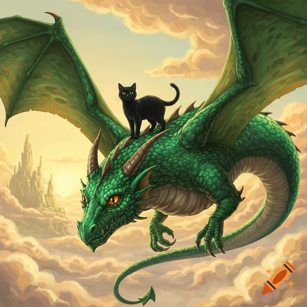A black cat rides a green dragon through the sky.