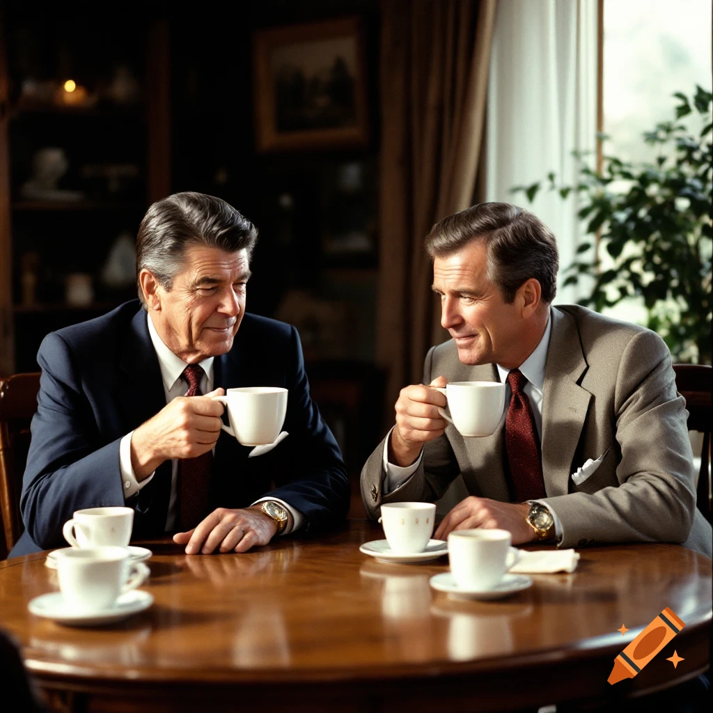 Two men resembling Ronald Reagan and George H.W. Bush sitting at a table, smiling and drinking coffee