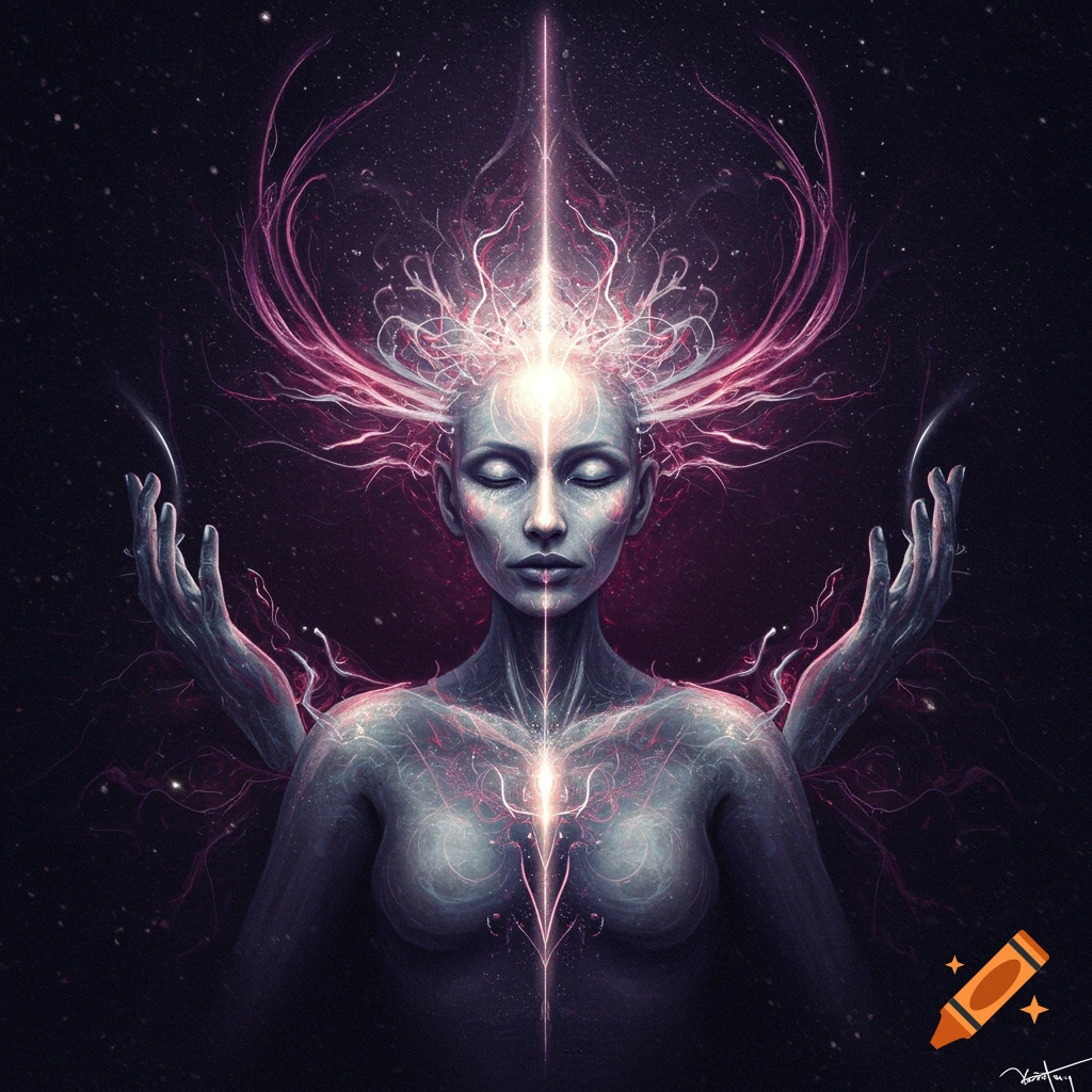 A figure with energy radiating from their head and chest is seen against a backdrop of a starry sky.