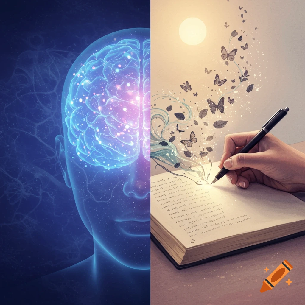 Split image showing a glowing brain on the left and a hand writing in a journal with butterflies on the right. Digital art.