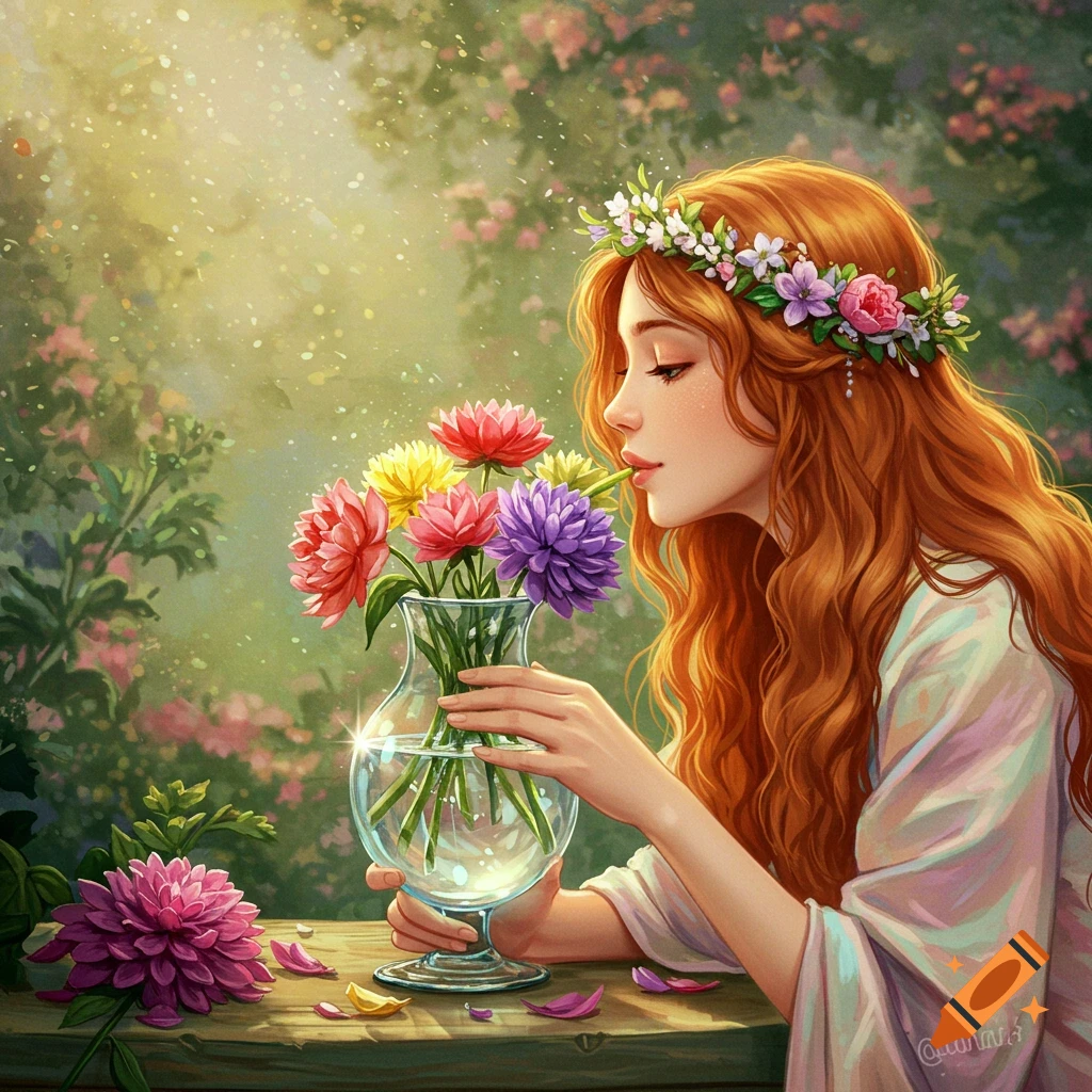 A woman smells flowers in a vase in a garden.