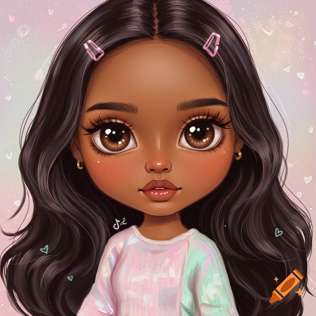 Illustration of a cute girl with big eyes, dark hair, and pink hair clips