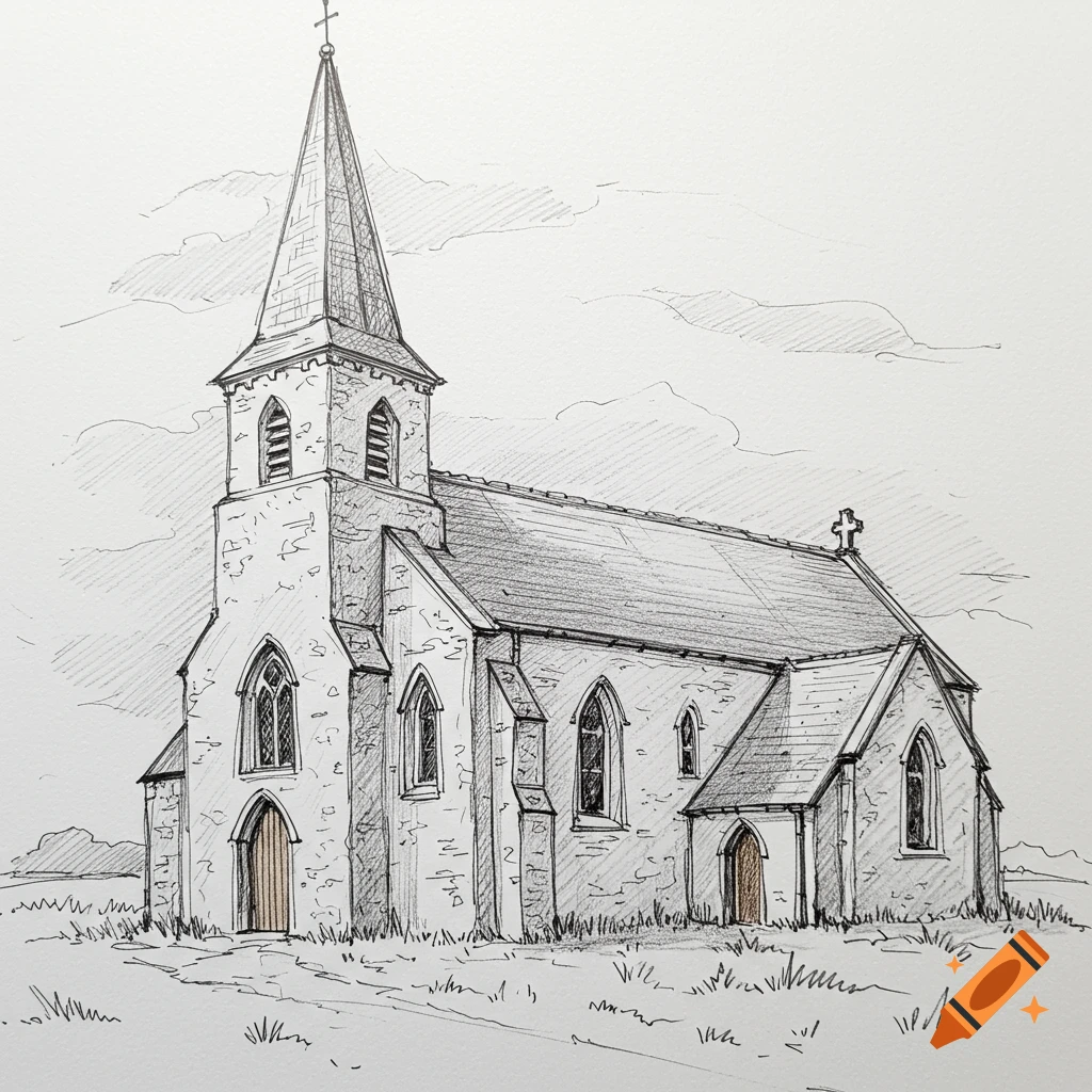 A sketch of an old church with a tall steeple and arched windows in a landscape.