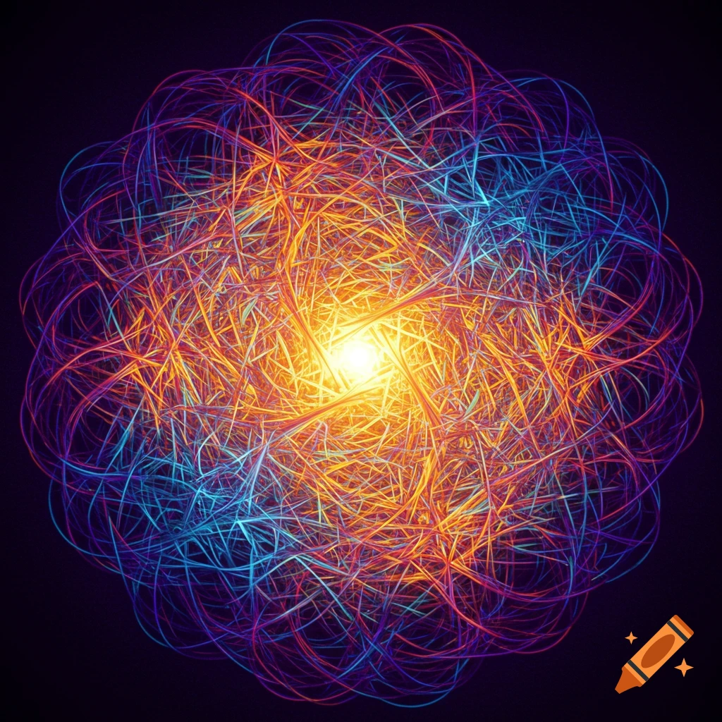An abstract image of interwoven blue, purple, orange, and yellow lines radiating from a bright center.