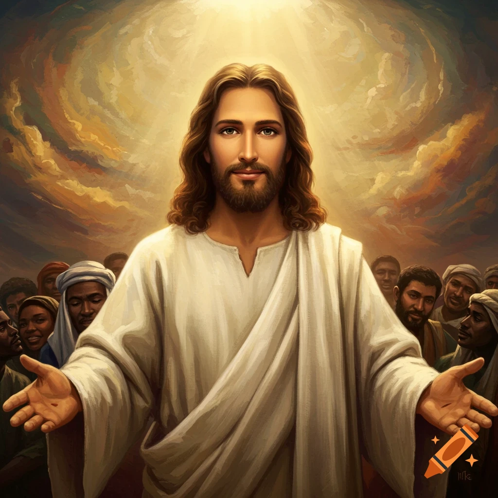 Image of Jesus with open arms among diverse people under divine light.
