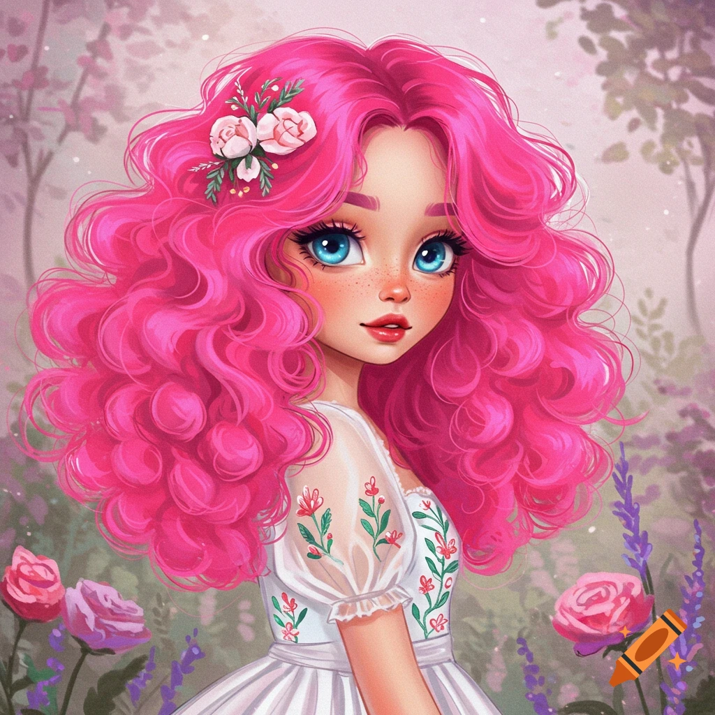 A girl with curly pink hair and blue eyes in a floral dress in a garden