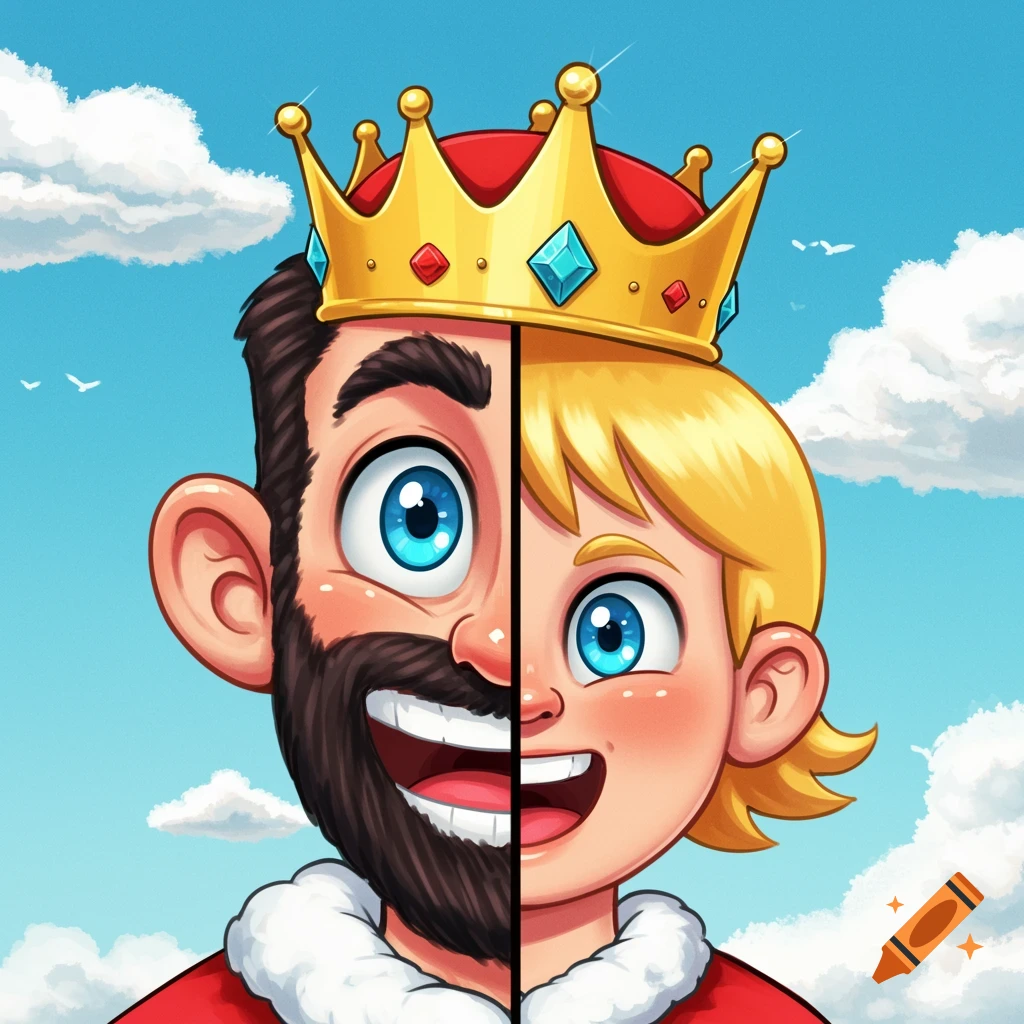 Split cartoon portrait of a man and a child wearing half a crown each against a sky background.