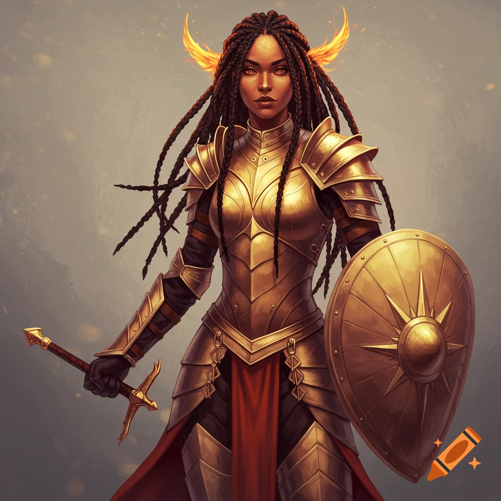A female warrior in golden armor holds a sword and shield.