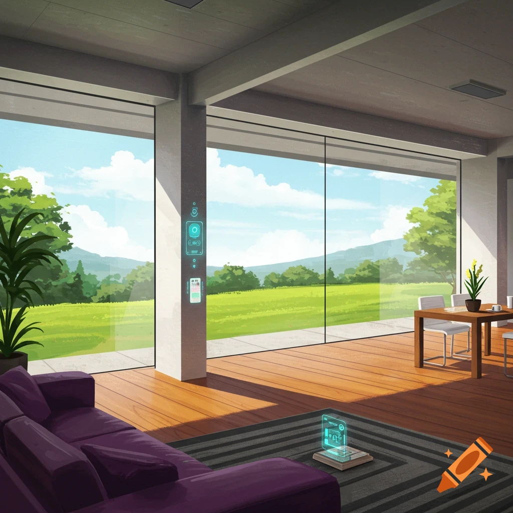 A modern living room with floor-to-ceiling windows showing a green landscape, purple sofa, and futuristic tech.