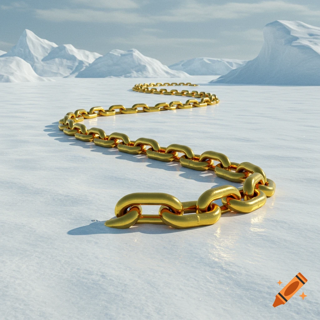 A golden chain winds across a snowy arctic landscape.