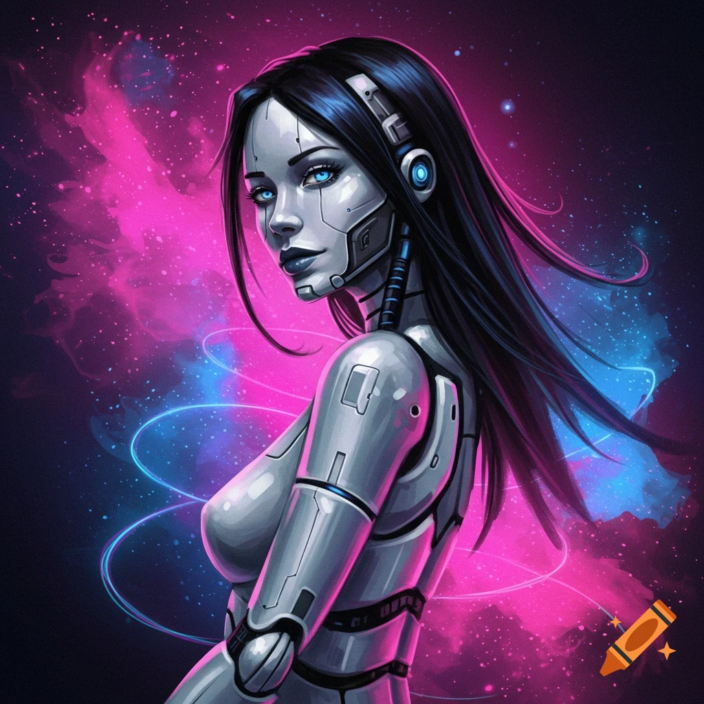 A robot woman with glowing blue eyes stands against a pink and blue cosmic background.