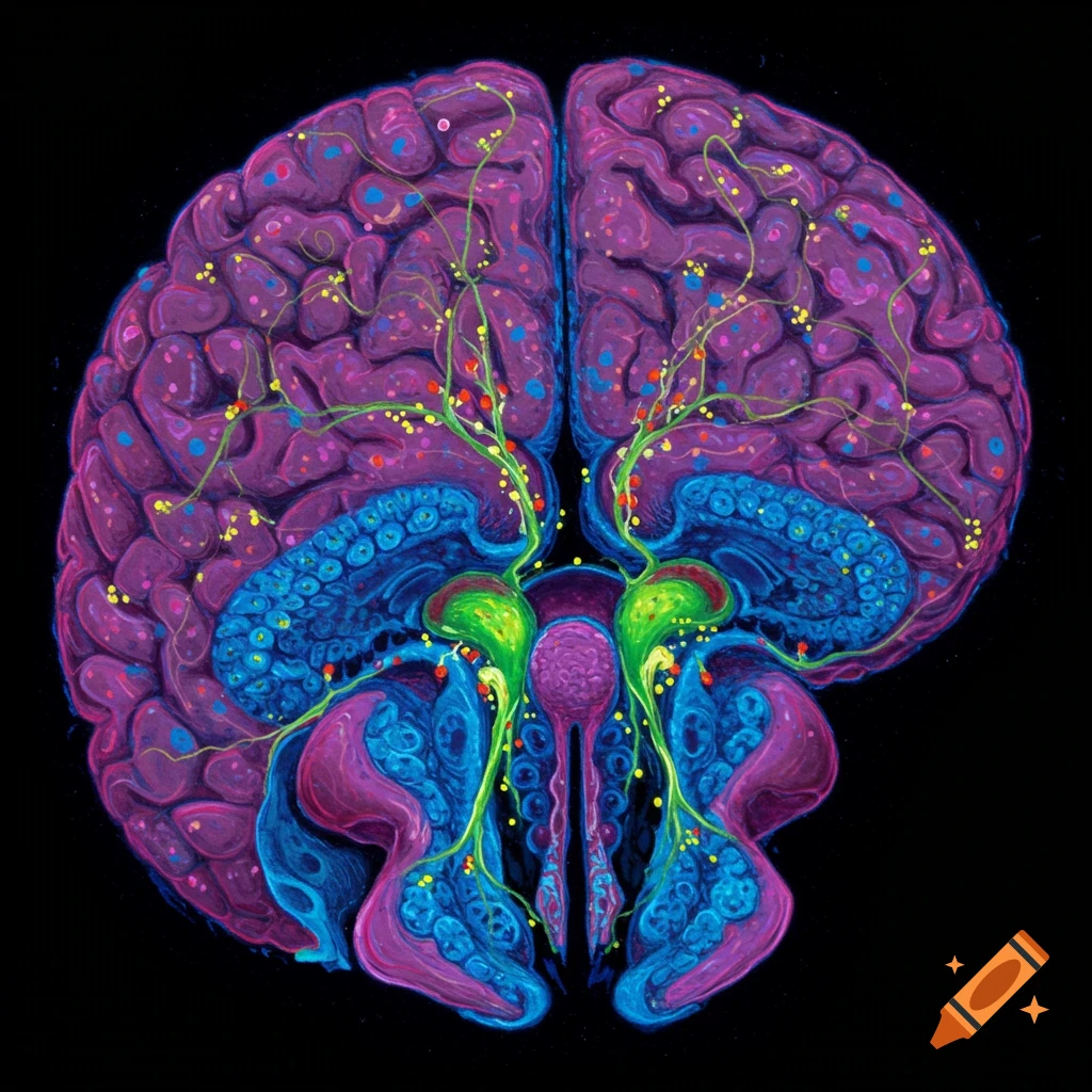 Colorful stylized image of a brain with neural connections