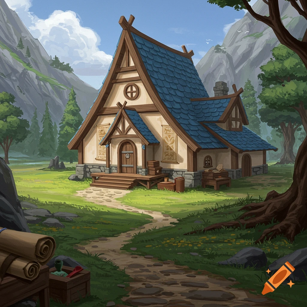 A secluded fantasy house with a blue roof in a green valley surrounded by mountains.