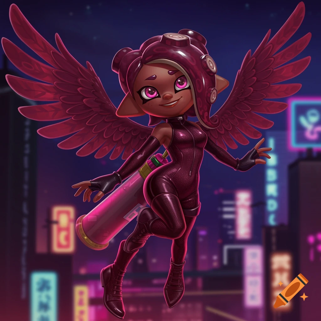 Winged Octoling girl flies over a neon city skyline in anime style