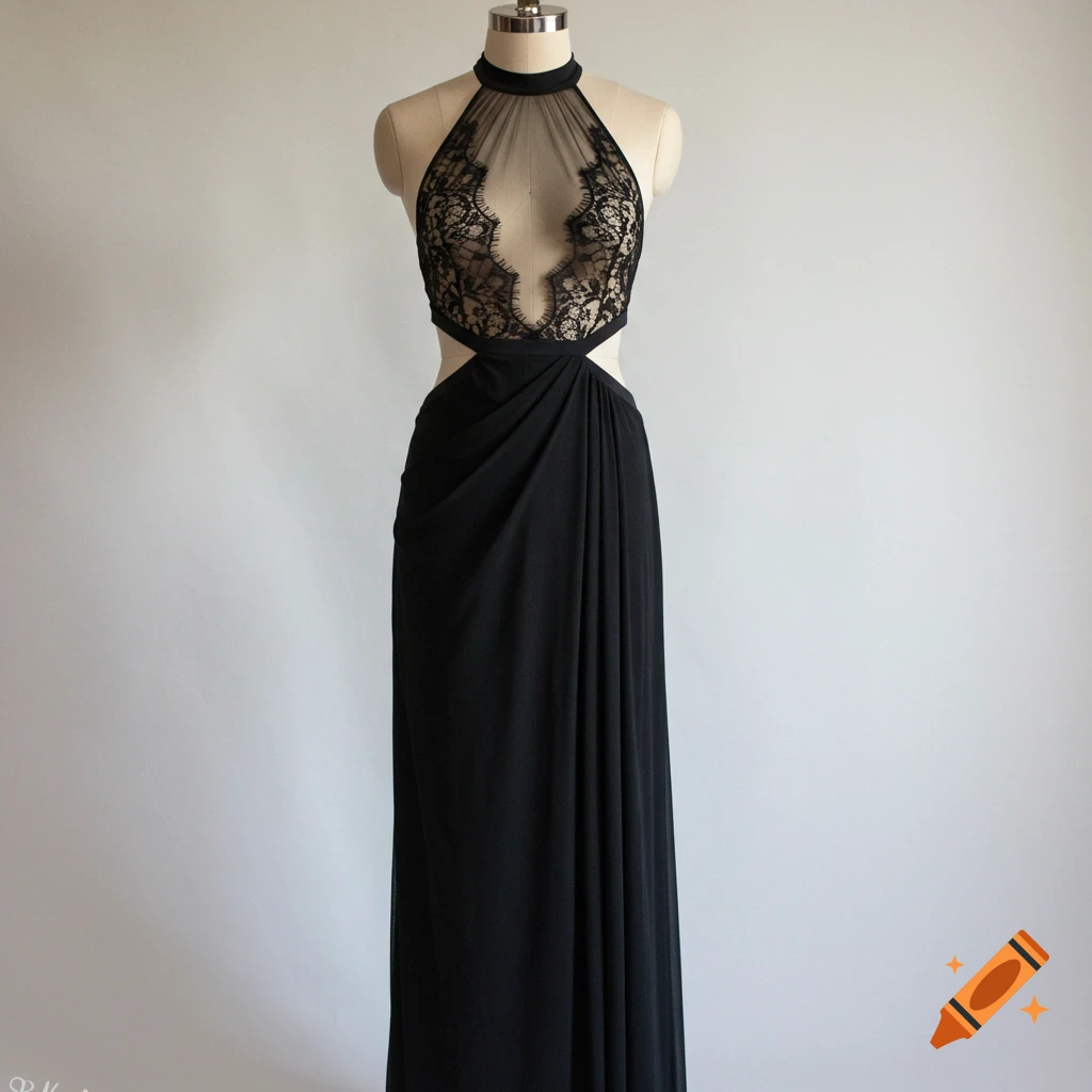 Photo of a black dress on a mannequin with lace bodice, sheer halter neck, and side cutouts.