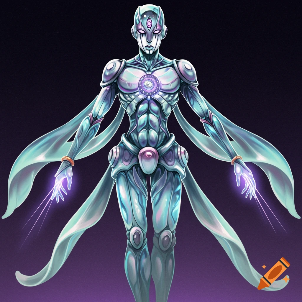 A futuristic humanoid character with a translucent body, glowing hands, and flowing ribbons.