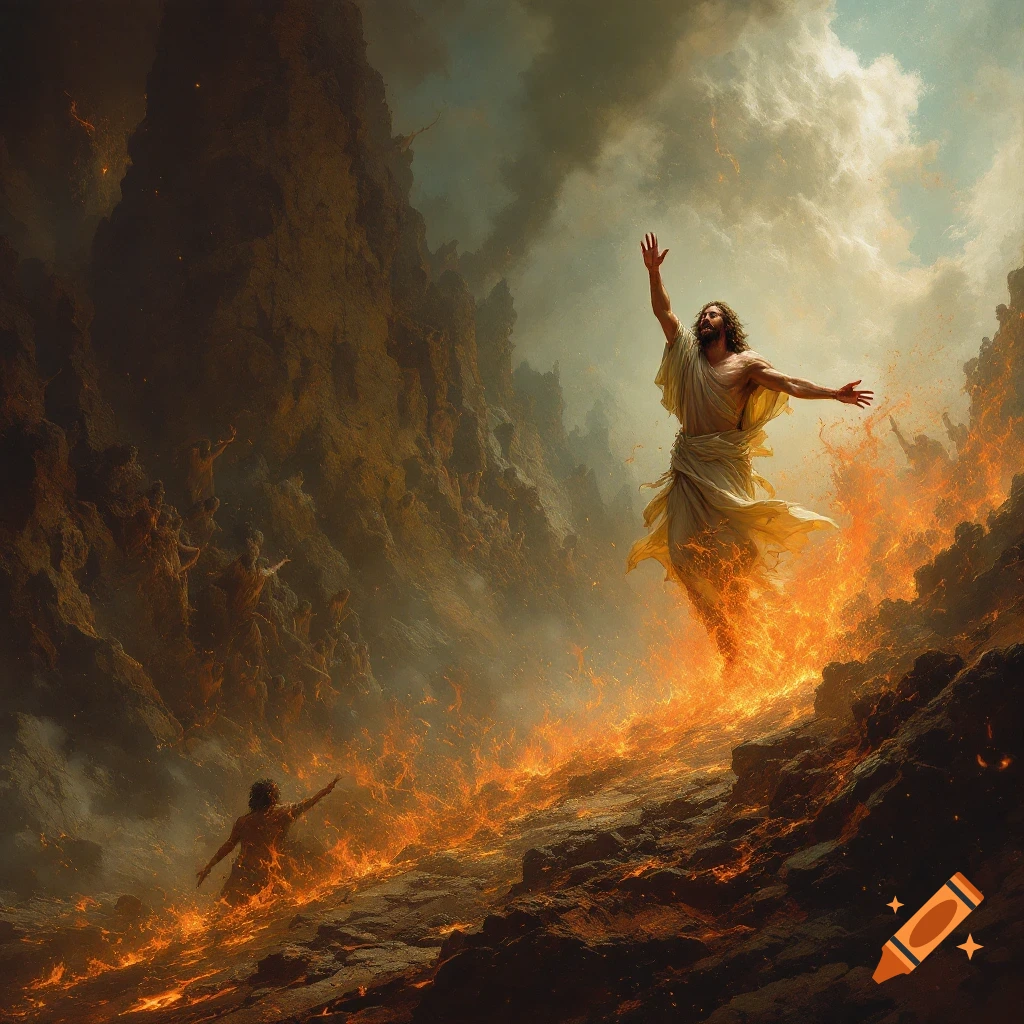 A figure resembling Jesus stands engulfed in flames on a rocky hellscape with other figures.