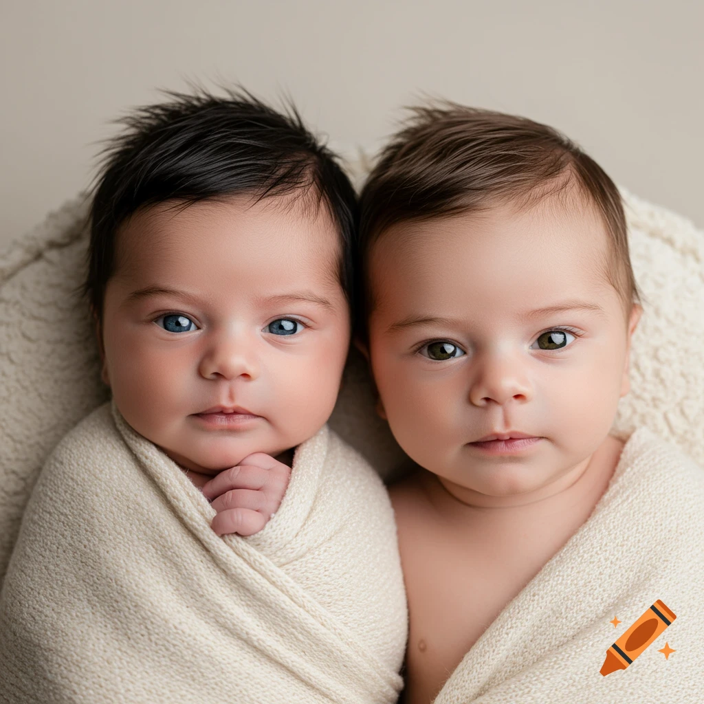 Close-up studio portrait of two swaddled twin babies, one with blue eyes and dark hair, the other with hazel eyes and brown hair.