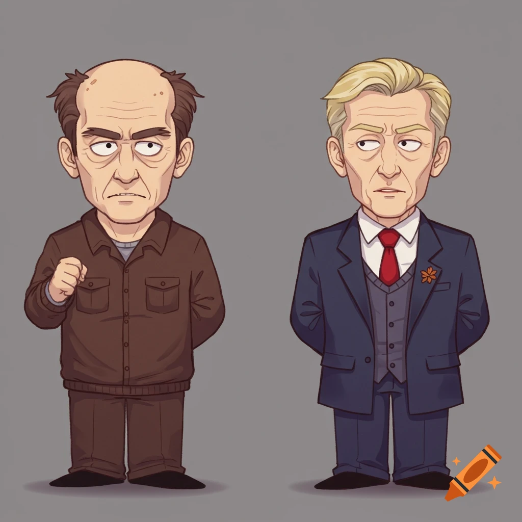 Two cartoon men, one bald in brown, one blond in a suit, stand side-by-side.