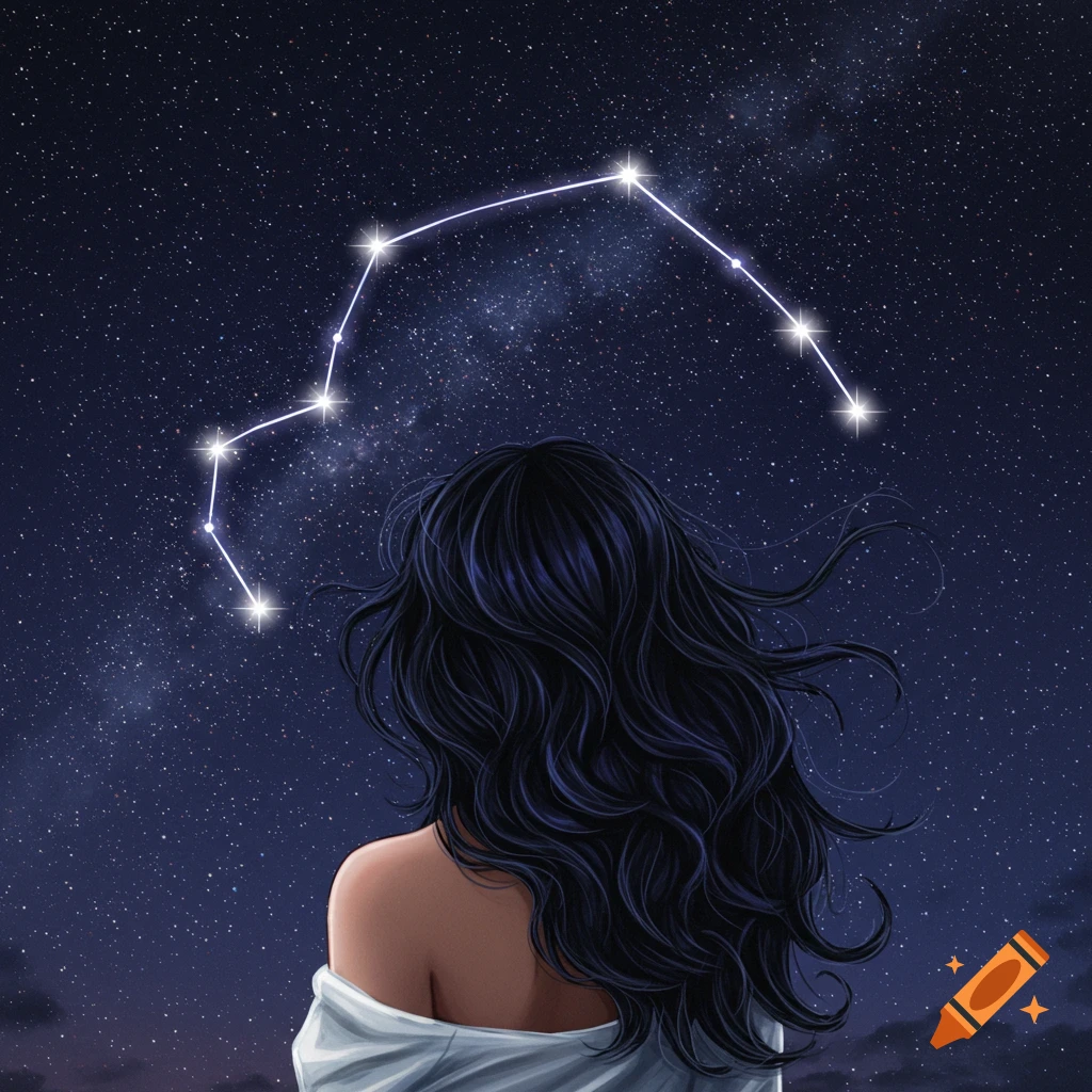 A woman with long dark hair is looking up at a constellation in the night sky.