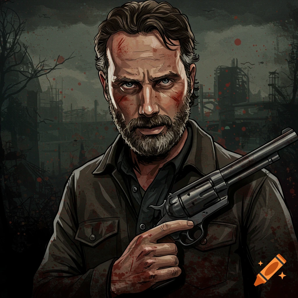 Illustration of Rick Grimes holding a revolver, blood on face and clothes, in a dark post-apocalyptic setting.