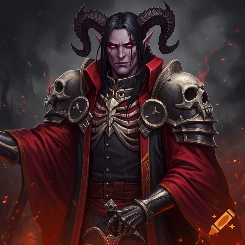 A dark elf demon lord in skeletal armor and red robe.