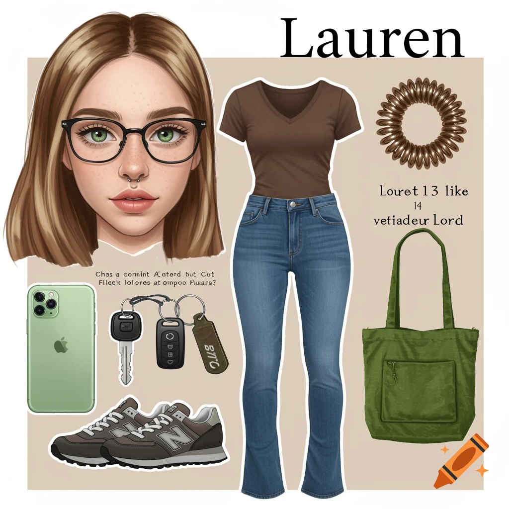Digital illustration showing a character portrait, clothing (jeans, t-shirt, shoes), and accessories (phone, keys, bag, hair tie).