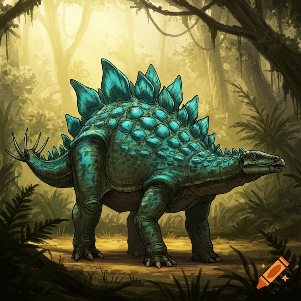 A Stegosaurus in a jungle setting.