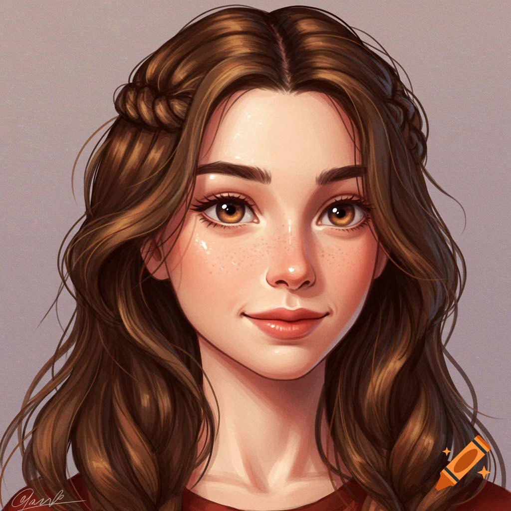 A young woman with brown hair and freckles is smiling