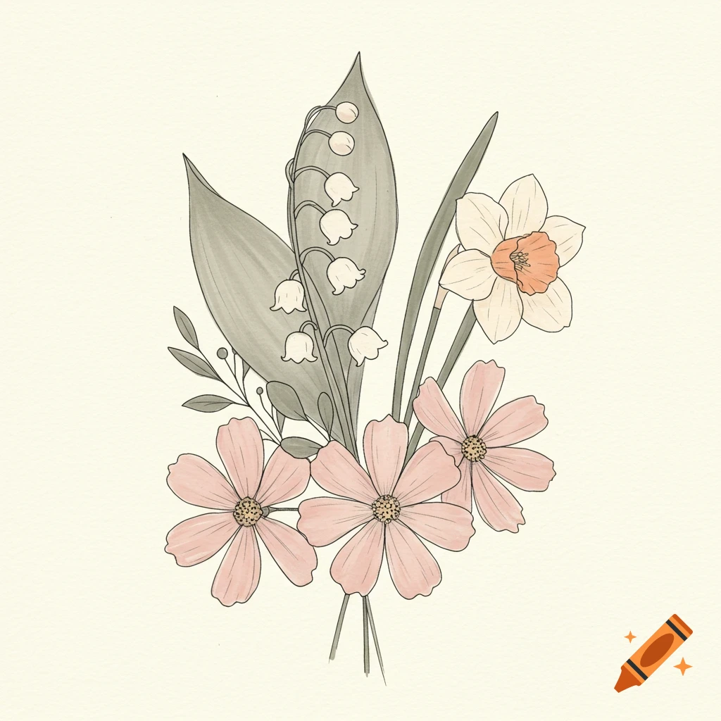 Minimalist digital illustration of lily of the valley, daffodil, and cosmos flowers.