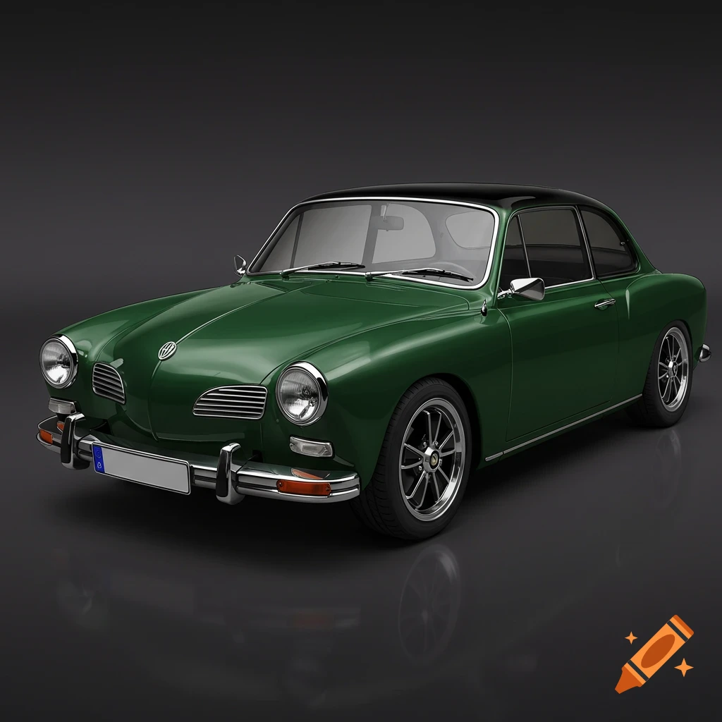 A lowered dark green Volkswagen Karmann Ghia with black roof and shiny wheels.