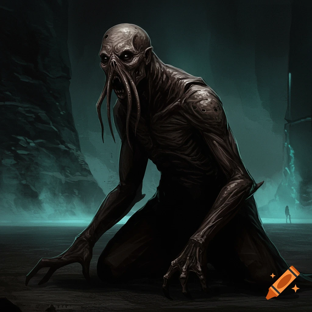 A dark, monstrous creature with tentacles for a mouth kneels in a dim cave.