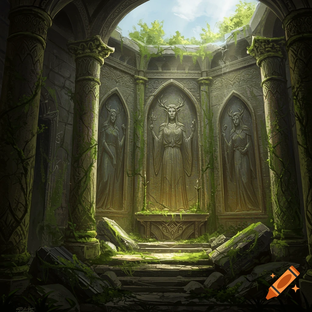 Ruined ancient stone temple with statues, overgrown with moss and vines, lit by sunlight from above.