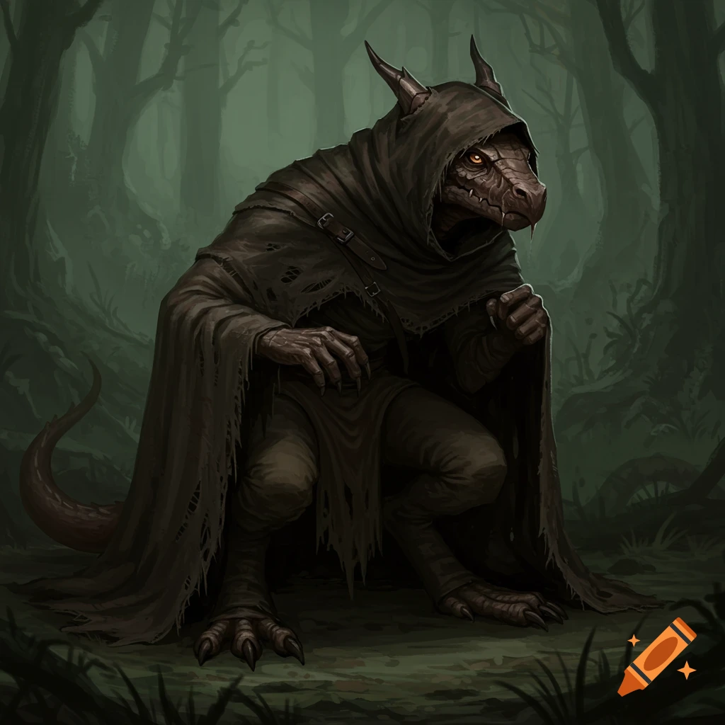 A cloaked reptilian creature in a dark forest.
