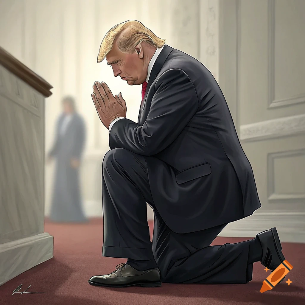 Illustration of Donald Trump kneeling and praying in a building