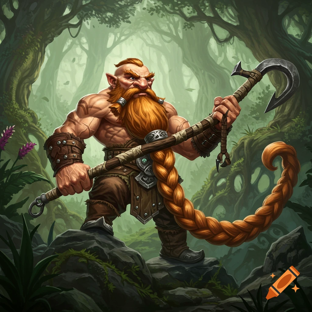 A muscular dwarf warrior in a forest holding a weapon with a hook.