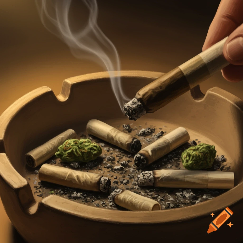 A hand putting out a smoking blunt in an ashtray filled with smoked joints and cannabis buds.