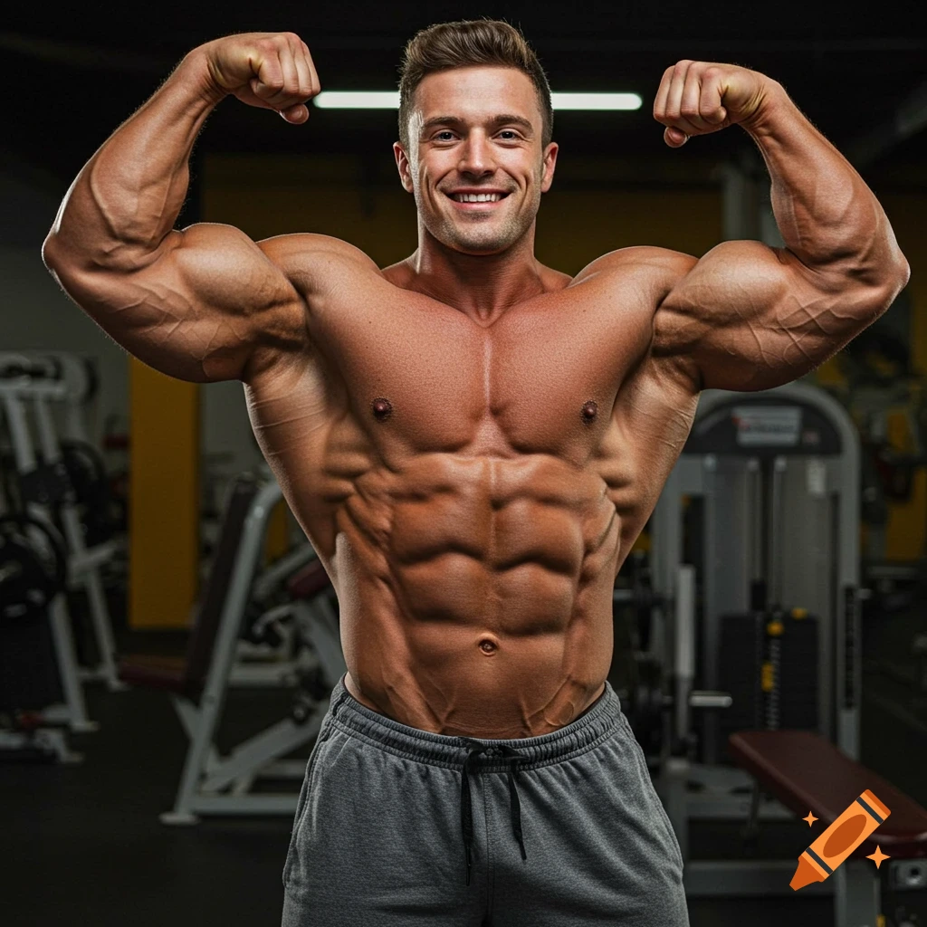 A male bodybuilder flexing his biceps and abs in a gym.