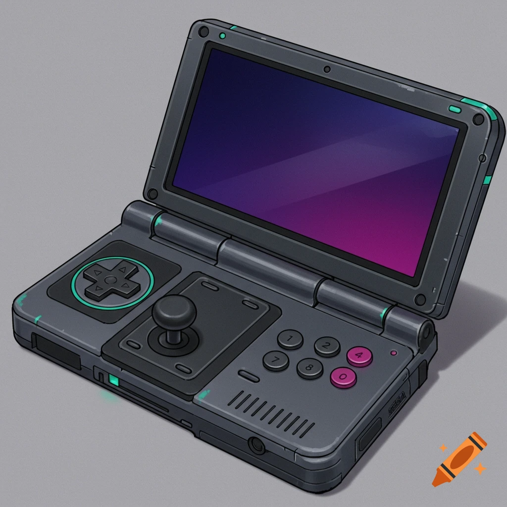 A dark gray clamshell handheld console with a vibrant screen, joystick, d-pad, and buttons in a retrofuturistic style.