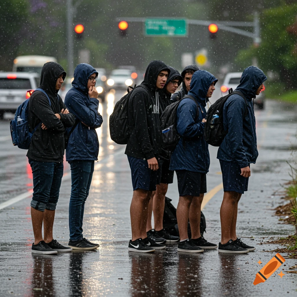 Students in hooded jackets and backpacks stand on a rainy road beside traffic.