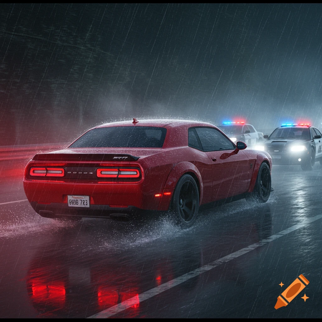 Red Dodge Challenger chased by police in the rain on a wet road.