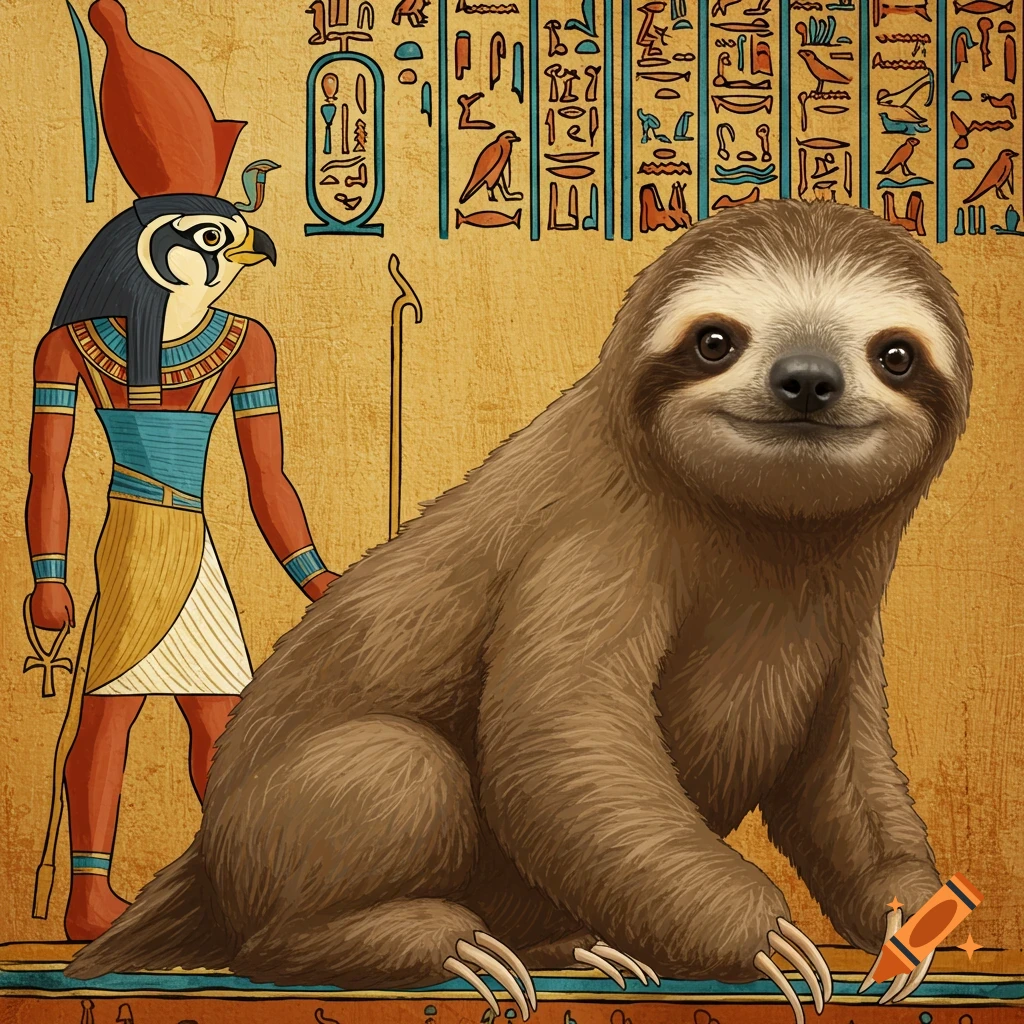 A cute sloth sitting beside the Egyptian god Horus with hieroglyphs in the background.