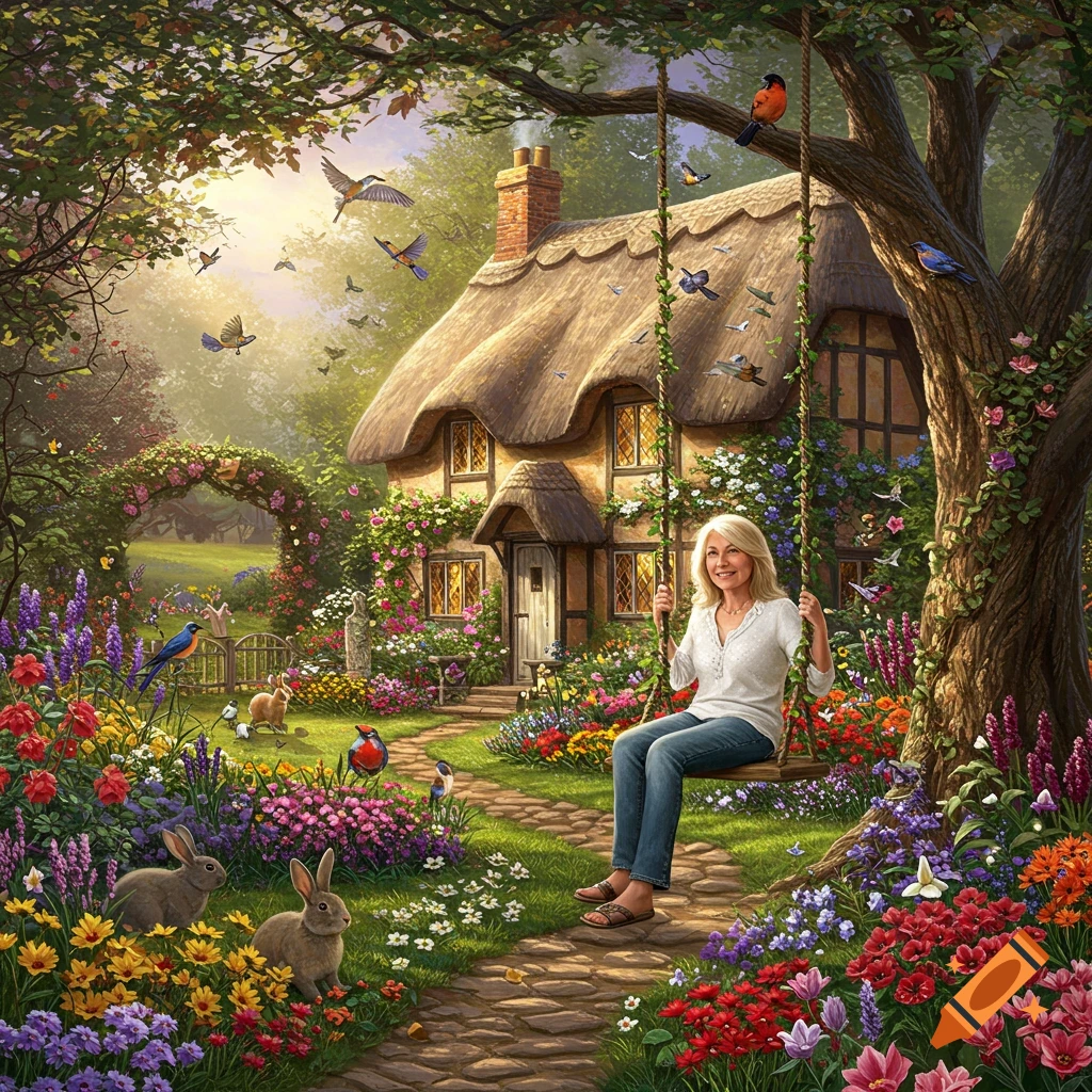 Woman on a swing in a vibrant English garden with a thatched cottage, flowers, bunnies, and birds.