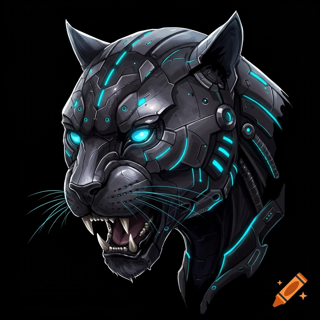 A biomechanical panther head with glowing blue eyes and accents.