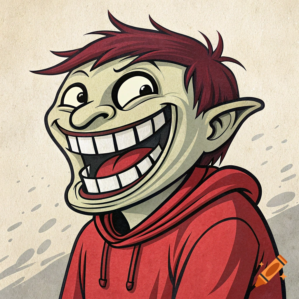 Cartoon character with a wide grin in a red hoodie, in the style of the Trollface meme.