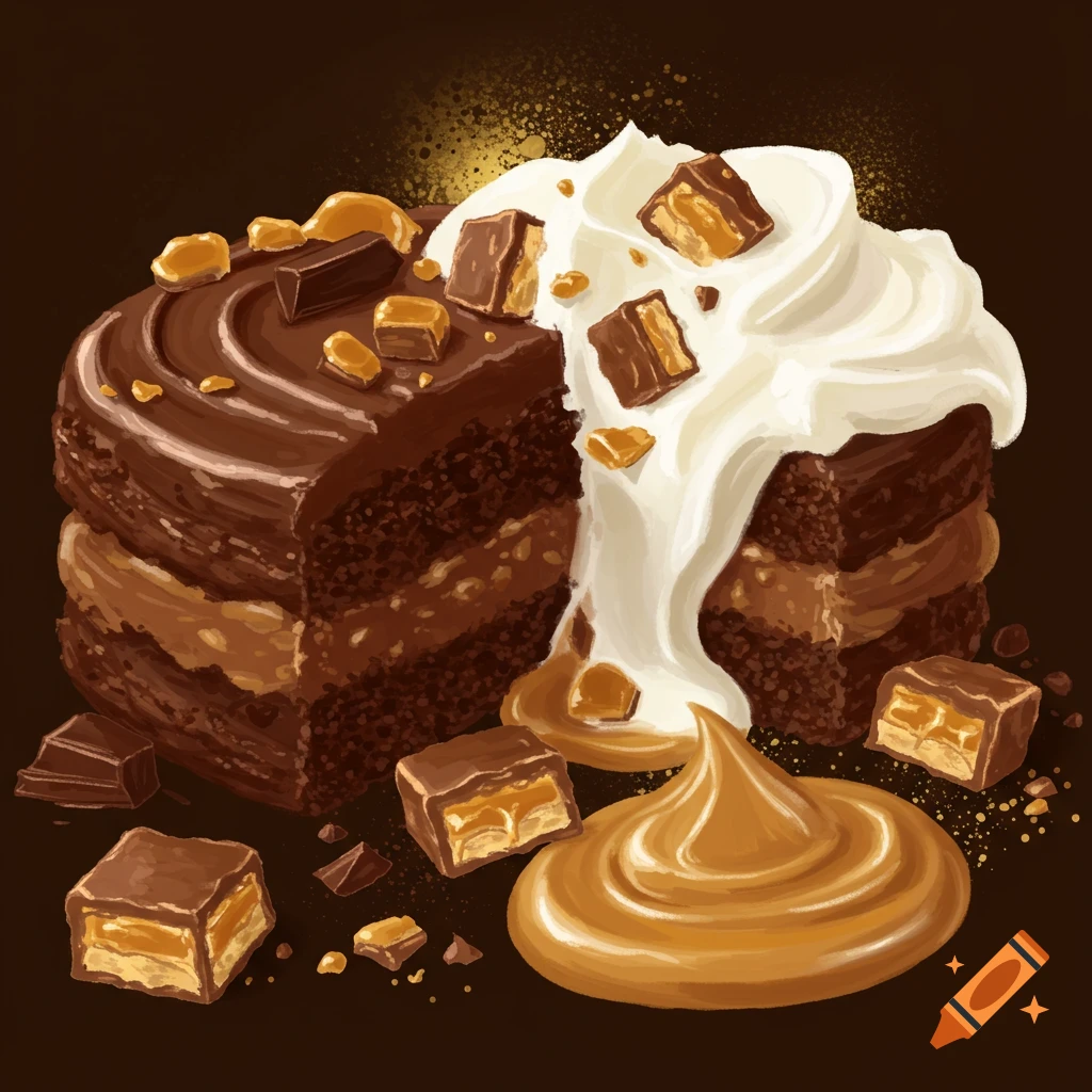 A slice of layered chocolate cake with whipped cream, caramel, and chocolate pieces.