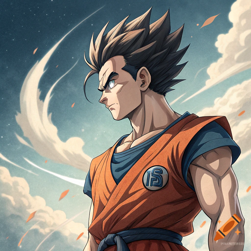 Dragon Ball style character with spiky hair and orange gi looks left against cloudy sky.